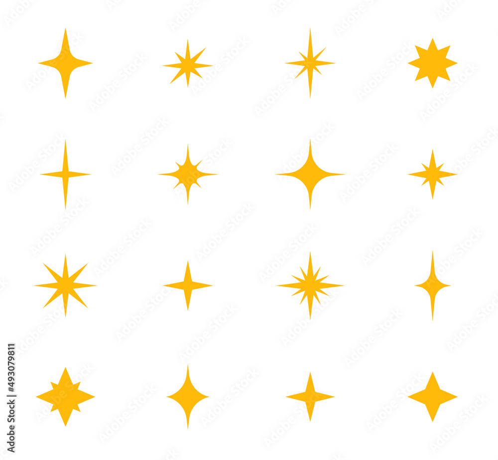 Twinkling stars. Different stars collection. Star icons, sparks, shining explosion. Vector illustration