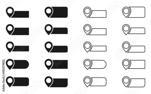 Map pointers icon set. Location icons or geolocations. Vector design element set. Pointer icon pin on the map with space for text. Vector illustration