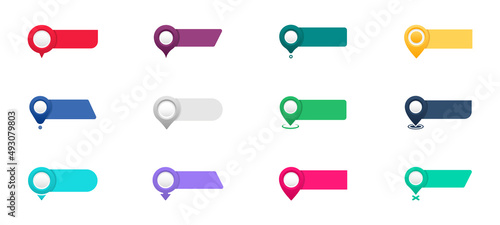 Map pointers icon set. Location icons or geolocations. Vector design element set. Pointer icon pin on the map with space for text. Vector illustration