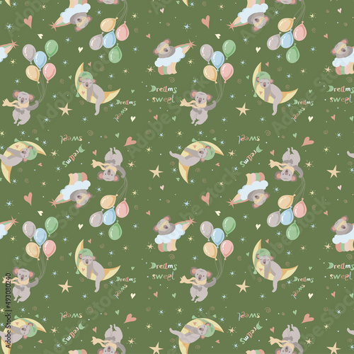 Pattern baby koala on a green background