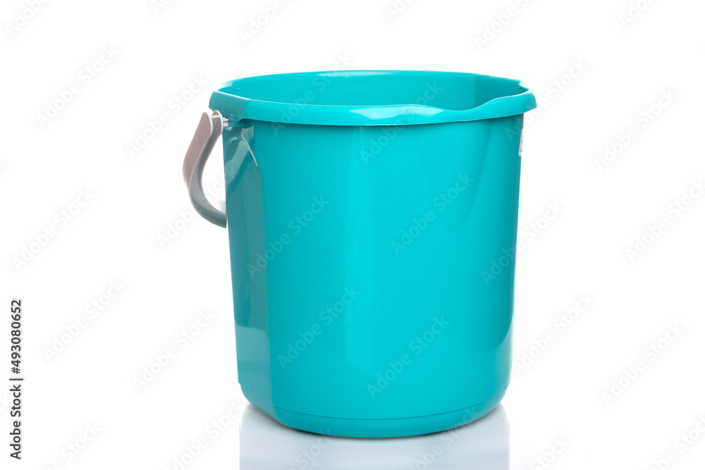 empty plastic bucket in turquoise color on a white isolated background empty plastic bucket in turquoise color on a white isolated background