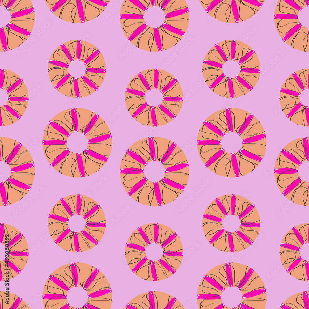 Fototapeta premium Seamless pattern with donuts. Bright beautiful donuts. Pink delicious donuts. Aesthetic donuts.