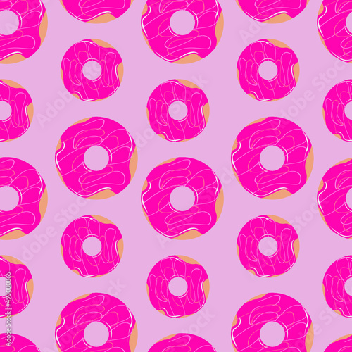 Seamless pattern with donuts. Bright beautiful donuts. Pink delicious donuts. Aesthetic donuts.
