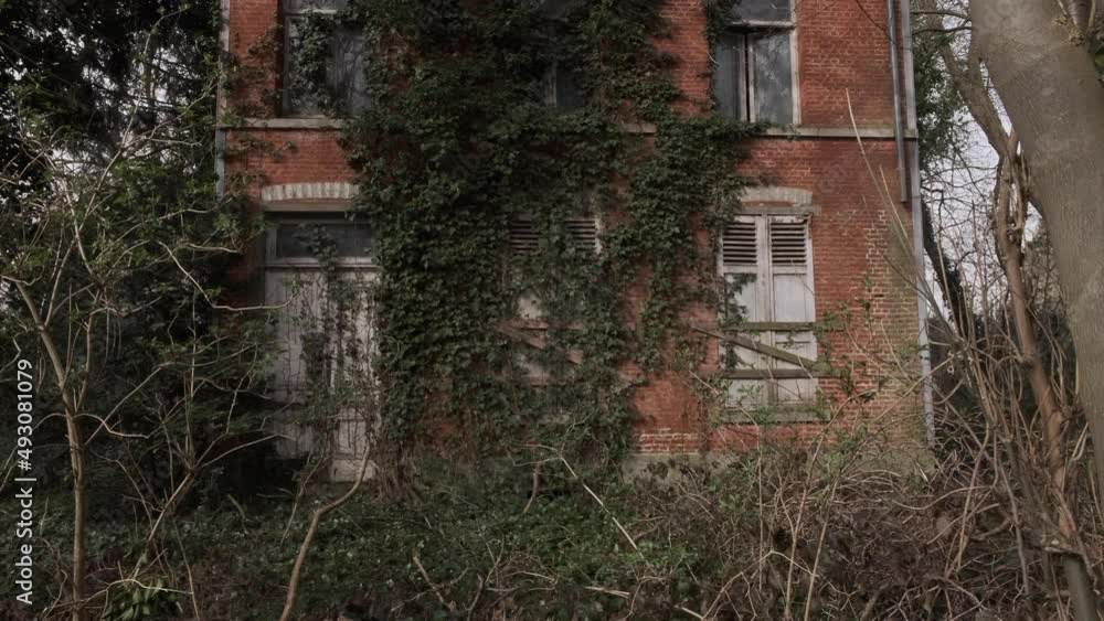 Abandoned mansion ruin facade in a forest tilt up Abandoned mansion ruin facade in a forest tilt up