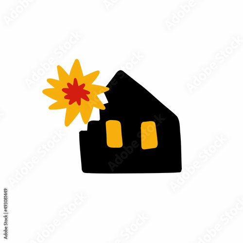 ruined house from explosion doodle icon, vector illustration