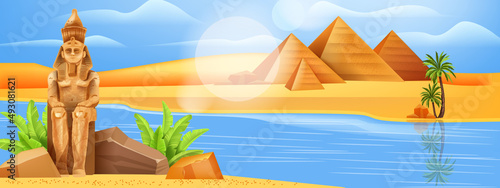 Egypt landscape ancient vector pharaoh pyramid, Nile river palm tree, African sand dune background. Egyptian panoramic view horizontal exotic scene, old stone ruin yellow statue. Egypt oasis landscape