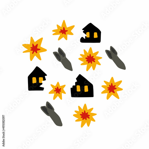 rockets and ruined house from explosion doodle icons, vector illustration