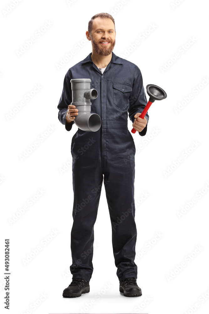 Full length portrait of a plumber holding a plastic pipe and a toilet plunger Full length portrait of a plumber holding a plastic pipe and a toilet plunger