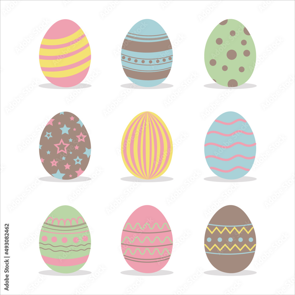 Set cute Easter eggs in flat style. Illustration colorful  eggs with abstract pattern in pastel colors. Vector