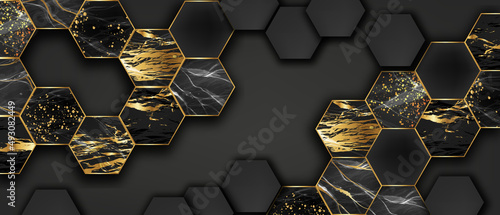 Marble hexagon tile background, vector black gold geometric pattern, abstract honeycomb terrazzo wall. Luxury stone mosaic design elegant architecture polygon surface. Marble hexagon interior backdrop