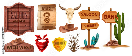 Wild west vector icon set, western wooden signboard, vintage saloon door, wanted poster, sheriff badge. Texas timber road sign, cactus, cow skull, cowboy hat isolated on white. Wild west collection