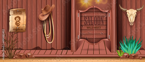Western saloon door vector background, old retro bar wooden entrance, vintage wild west pub banner. Texas country tavern wall, wanted poster, cow skull, cowboy hat, rope. Western saloon exterior photo
