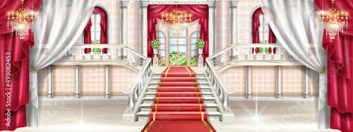 Palace interior background, vector castle hall illustration, medieval luxury ballroom, marble staircase. Royal vintage museum room, red carpet, rococo chandelier, pillar, arch window. Palace interior