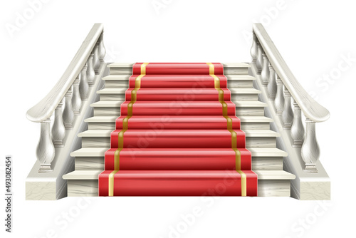 Marble staircase vector illustration, red carpet, 3D white stone stairs, architecture interior element. Palace balustrade, vintage classic theater rail isolated on white, Greek decor. Marble staircase