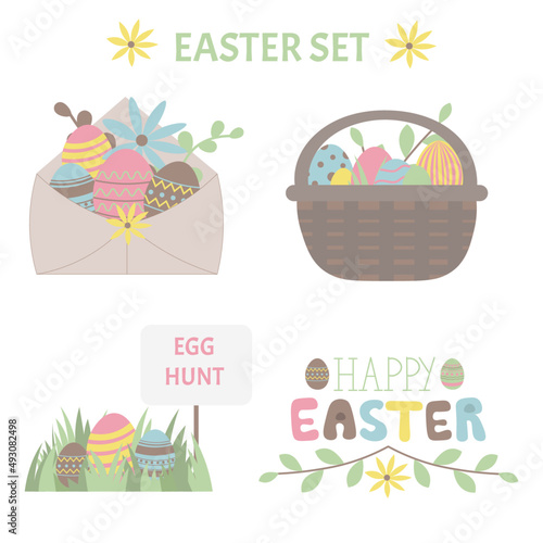 Easter set with basket,egg hunt flowers and eggs in pastel colors.Vintage set