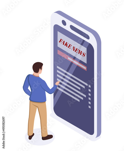 Vector isometric illustration of man reading fake news on the smartphone