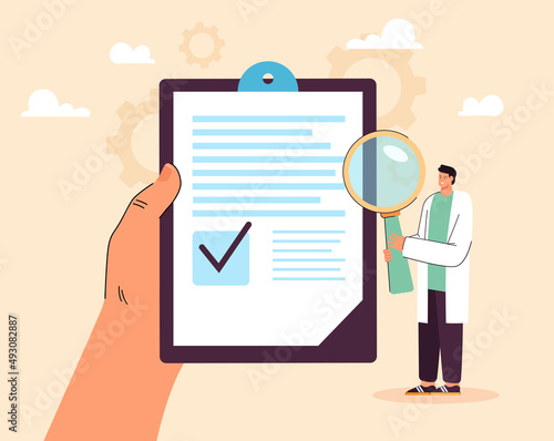 Tiny doctor with magnifier and hand holding health insurance. Checkmark on medical form or report flat vector illustration. Medicine, healthcare concept for banner, website design or landing web page