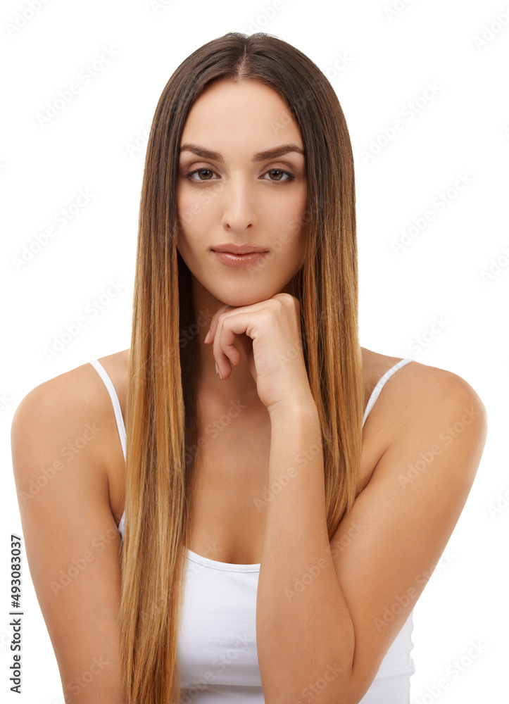 Portrait of carefree confidence. Studio portrait of an attractive model with her hand on her chin isolated on white. Portrait of carefree confidence. Studio portrait of an attractive model with her hand on her chin isolated on white.