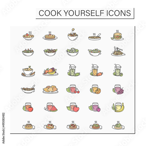 Vegetarian food color icons set.Various vegan dishes-salads,drinks,snacks,fruits,breakfast, mains, and desserts.Healthy restaurant meals.Easy recipes for cooking at home. Isolated vector illustrations