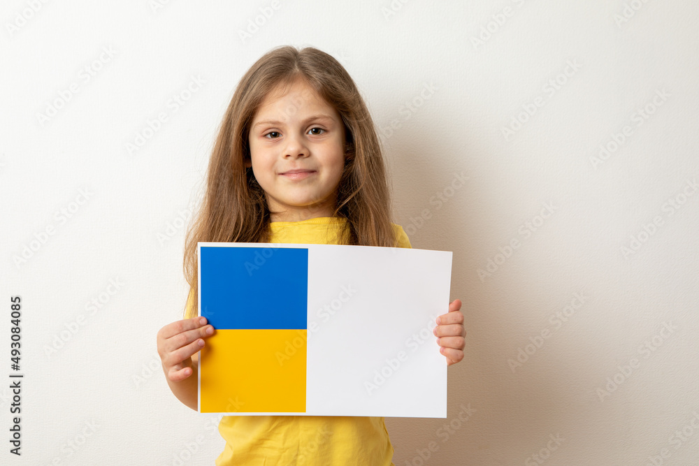 Portrait little girl calls to Stop war in Ukraine, stop war in Ukraine Portrait little girl calls to Stop war in Ukraine, stop war in Ukraine