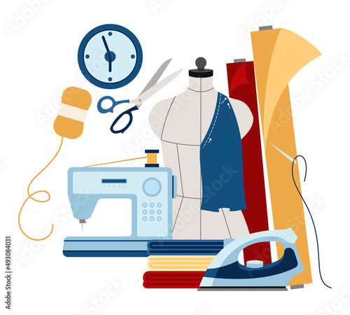 Vector colorful sewing workshop concept. Flat design elements: sewing machine, scissors, spool of thread, iron and sewing mannequin with fabrics. Illustration of icons of tools for tailoring.