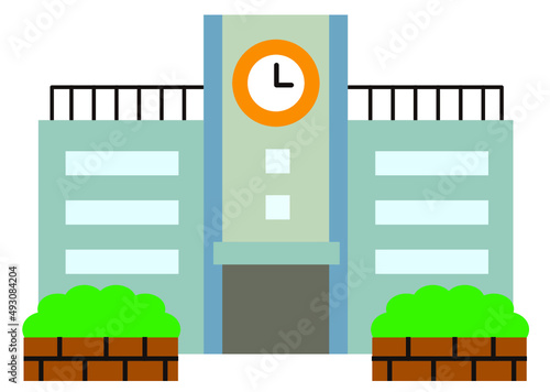 学校,小学校,中学校,高校,教育,大学,校舎,登校,時計,門,施設,建物,窓,建築物,鉄筋,イラスト,かわいい,シンプル,素材,子供向け,デフォルメ