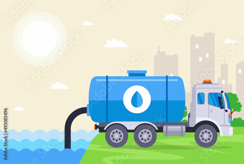 the truck downloads water from the river from the hose into its barrel. flat vector illustration.