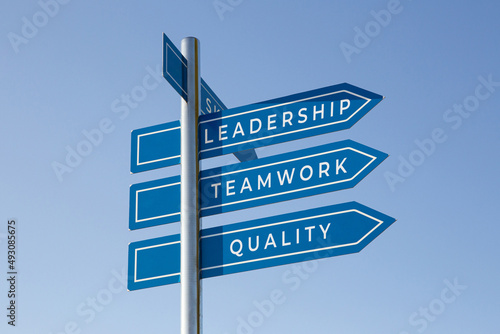 Leadership, teamwork and quality words on signpost isolated on sky background. Management success concept