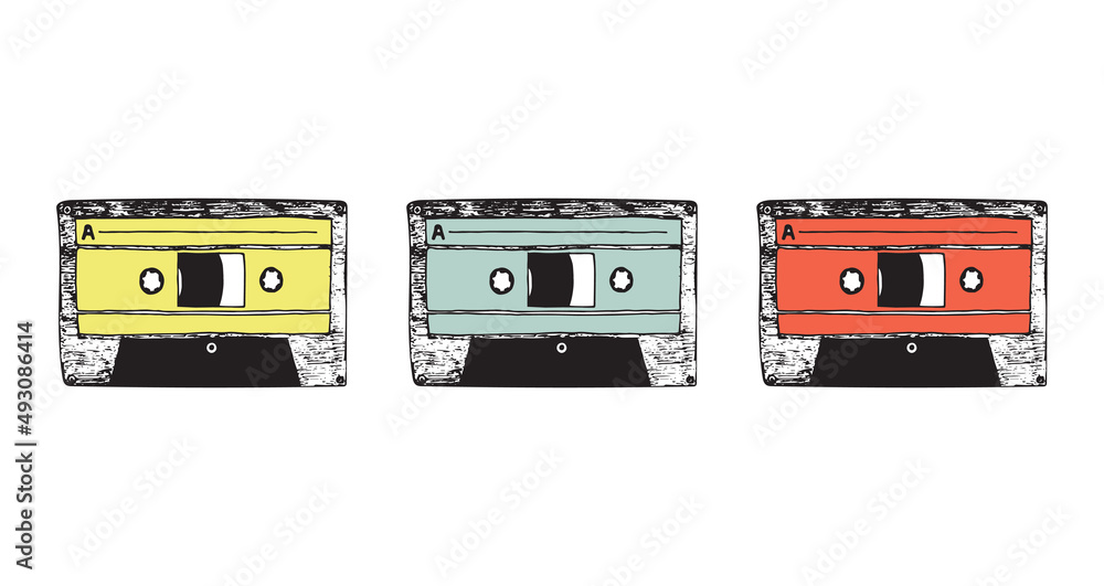 Naklejka premium Vector illustration with cassettes. Doodle sketch. Retro thing.