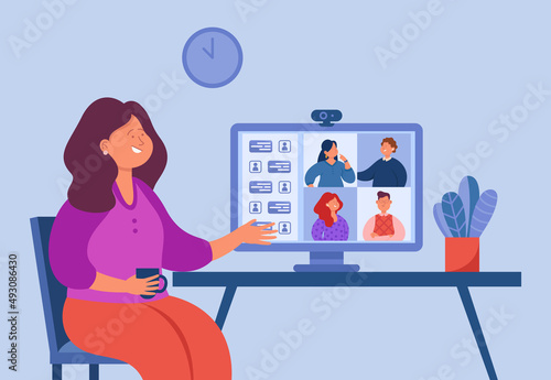 Business person chatting with colleagues during videoconference. Virtual group meeting or conference via desktop computer flat vector illustration. Remote work, technology concept for banner
