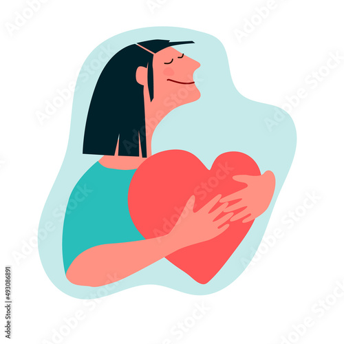 Cartoon style illustration of a young woman hugging her chest to support her mental or heart health