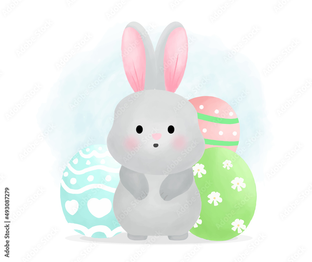 Cute bunny with decorative egg vector illustration. Easter card in water color style