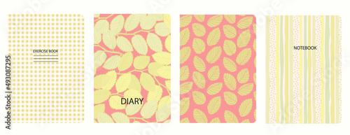Set of cover page templates with elm tree branches and leaves. Based on seamless patterns. Headers isolated and replaceable. Perfect for school notebooks, diaries