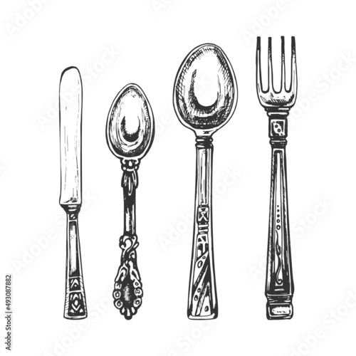 spoon, fork, knife two spoons, fork, knife, cutlery graphic, black outline on white background, vintage hand drawing