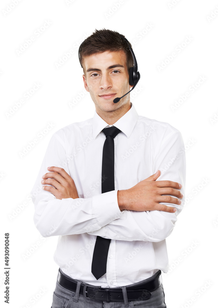 Serious about my job. Portrait of a business man with a headset on and his arms crossed. Serious about my job. Portrait of a business man with a headset on and his arms crossed.