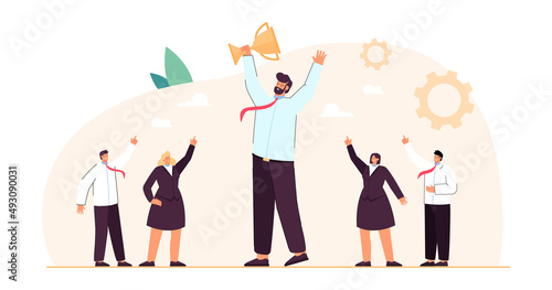 Corporate business team of tiny winners celebrating victory. Male leader holding gold cup for best work, happy people laughing flat vector illustration. Teamwork, achievement, celebration concept