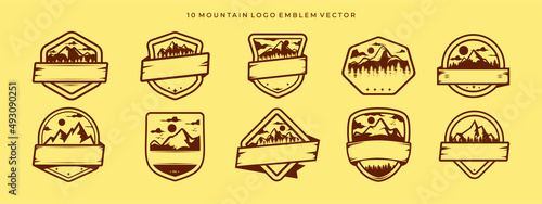 Set of Ten mountain travel symbols with blank areas for your text. Camping symbol of outdoor adventure, badge and mountain logo. Mountain tourism, hiking. Jungle camp label in vintage style.