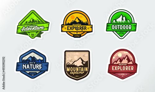 Set of six mountain travel emblems. Camping outdoor adventure emblem, badge and logo patch. Mountain tourism, hiking. Jungle camp label in vintage style.