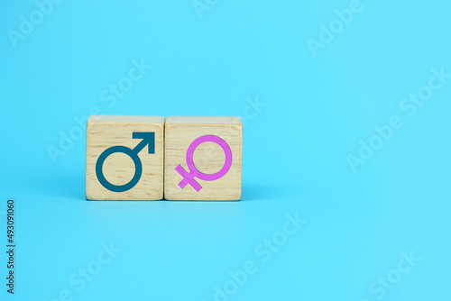 Male and female icon symbols on wooden blocks placed over light blue background.
