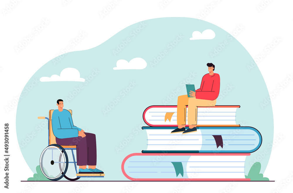 Tiny students sitting near stack of books and learning. Man with disability in wheelchair flat vector illustration. Inclusion education, school concept for banner, website design or landing web page Tiny students sitting near stack of books and learning. Man with disability in wheelchair flat vector illustration. Inclusion education, school concept for banner, website design or landing web page