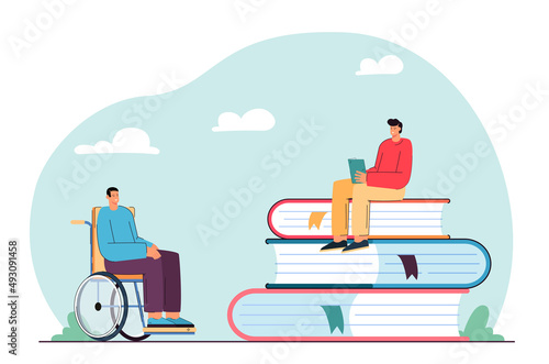 Tiny students sitting near stack of books and learning. Man with disability in wheelchair flat vector illustration. Inclusion education, school concept for banner, website design or landing web page