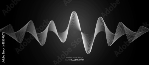 Abstract design of a halftone sine wave. Texture of smooth lines. Poster for music, technology, artificial intelligence, social networks. 3d pulse. Mathematical sciences. Vector illustration