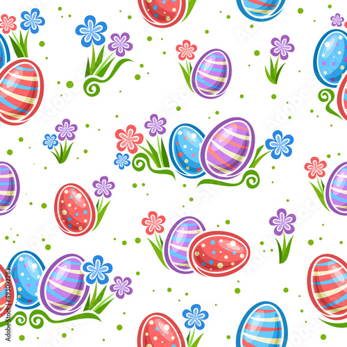 Vector Easter Egg Hunt seamless pattern, square repeating background with set of cut out illustrations many different decorated easter eggs with spring flowers on white background for wrapping paper