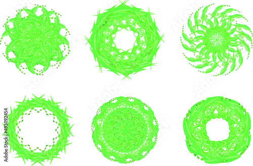 Green frames or round shapes created by plant element on white. Beautiful wreath or frame symbols for ecology, fabric, wallpaper, textiles, fashion trends, prints, emblem, web icons, decor, etc. 