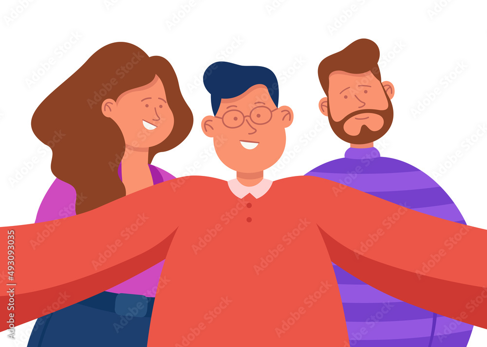 Portrait of happy friends taking photo on mobile phone together. Group of young cartoon men and woman taking selfie and smiling flat vector illustration. Friendship, technology concept for banner Portrait of happy friends taking photo on mobile phone together. Group of young cartoon men and woman taking selfie and smiling flat vector illustration. Friendship, technology concept for banner