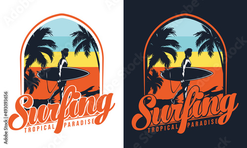 Surfing tropical paradise retro vintage t-shirt design