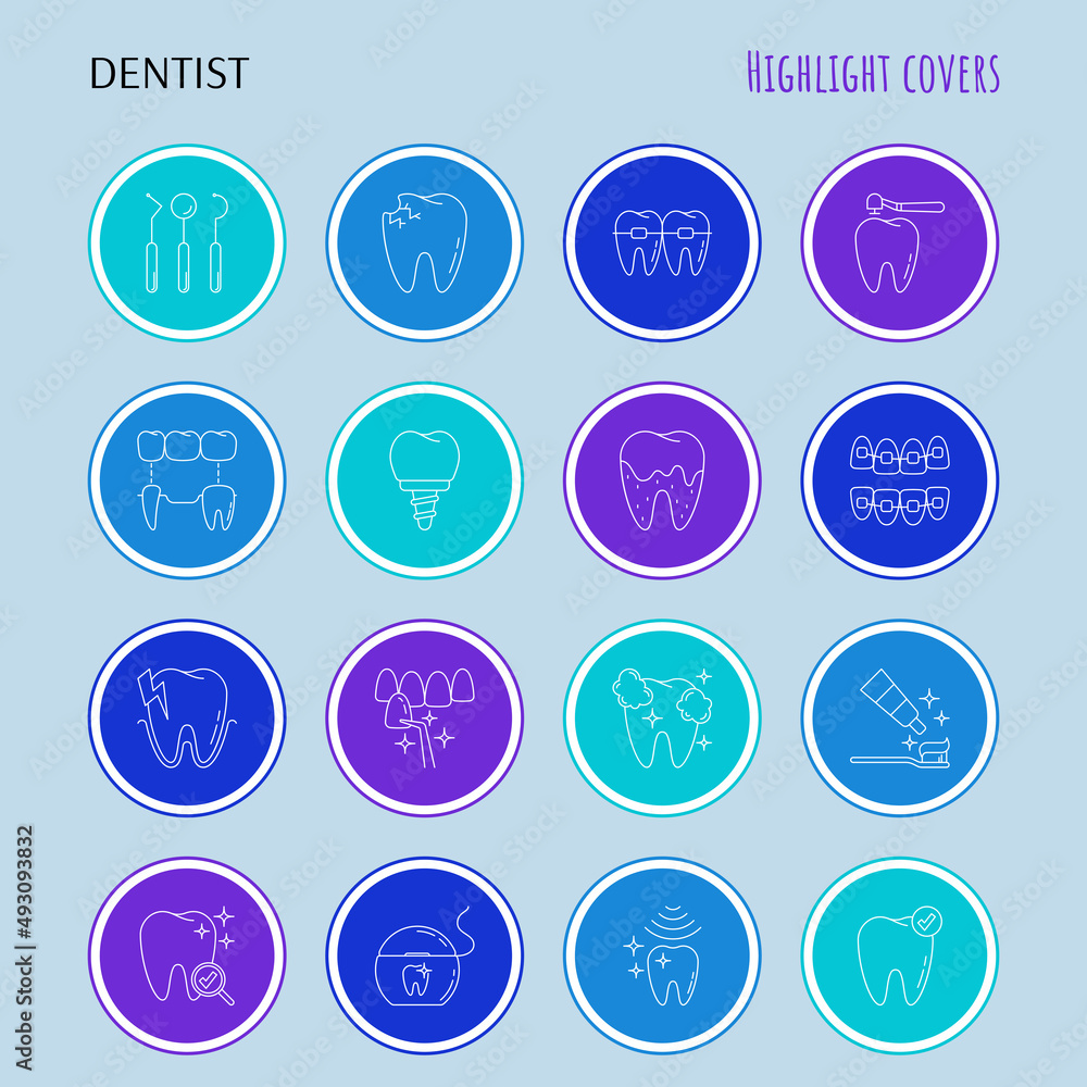 Dentist cabinet: dental instruments, toothbrush and toothpaste, caries, veneers, tooth whitening, implant, ultrasonic cleaning. Highlights for stories. Thin line icons set, vector illustration. Dentist cabinet: dental instruments, toothbrush and toothpaste, caries, veneers, tooth whitening, implant, ultrasonic cleaning. Highlights for stories. Thin line icons set, vector illustration.