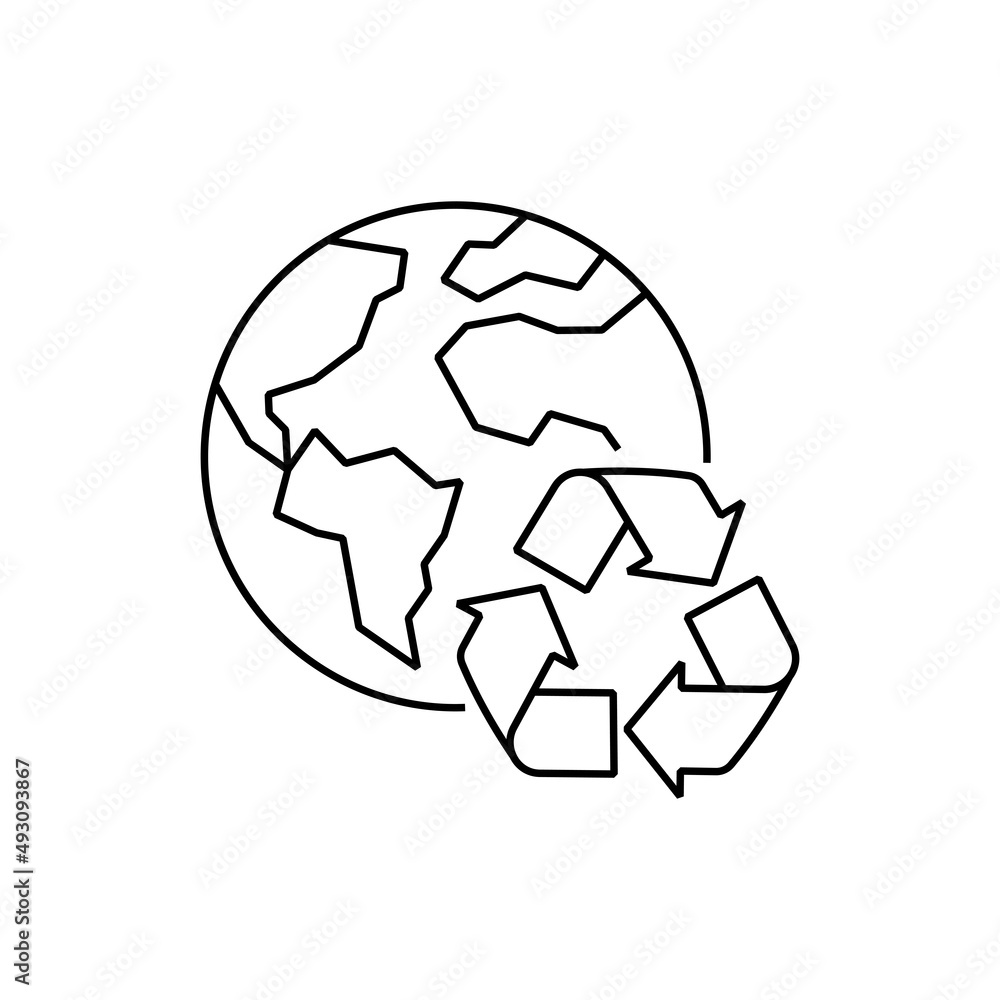 Fototapeta premium Reduce, reuse, recycle. Environmental protection. Planet with recycling sign. Thin line icon. Stop overconsumption. Vector illustration.