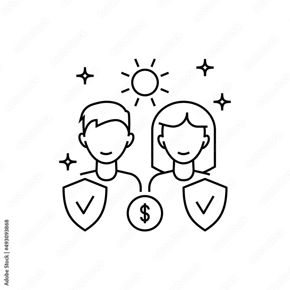 Quality of life. Rising living standards thin line icon. Rising of income. People are protected by shield. Overconsumption problem. Vector illustration. Quality of life. Rising living standards thin line icon. Rising of income. People are protected by shield. Overconsumption problem. Vector illustration.