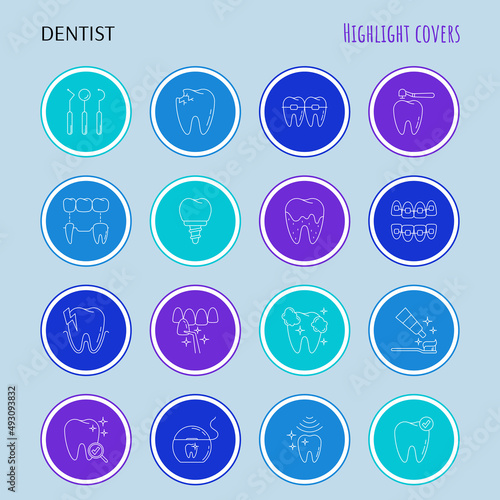 Dentist cabinet: dental instruments, toothbrush and toothpaste, caries, veneers, tooth whitening, implant, ultrasonic cleaning. Highlights for stories. Thin line icons set, vector illustration.